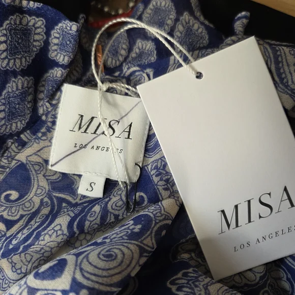 NWT MISA Imaan Size Small Blue White Multi Tile Ruffle Sheer High-Low Maxi Dress